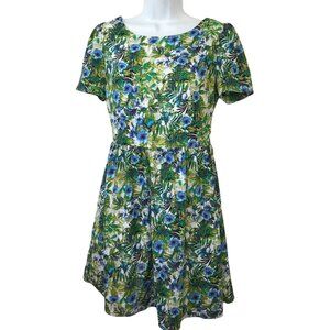 THE STYLE London Floral A-Line Mini Dress Sz M Cut-Out Peekaboo Back Retro Green